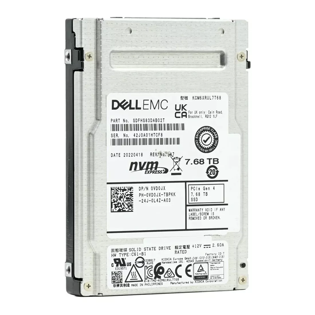 Kioxia CM6-R SDFHS83DAB02T Read Intensive SSD 7.68 TB PCIe 4.0 (NVMe) DELL  OEM Refurbished